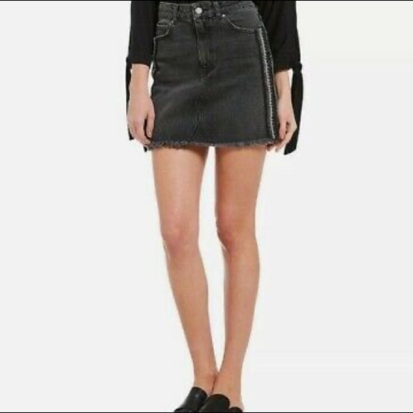 Free People Dresses & Skirts - Free People Distressed Embellished Denim Skirt W/Frayed Hem Mini Black Skirt